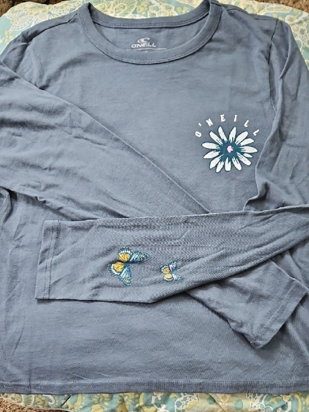 O'Neill Slate Blue Long Sleeve Tee with Daisy Chest & Butterfly Sleeve - Picture 5 of 5